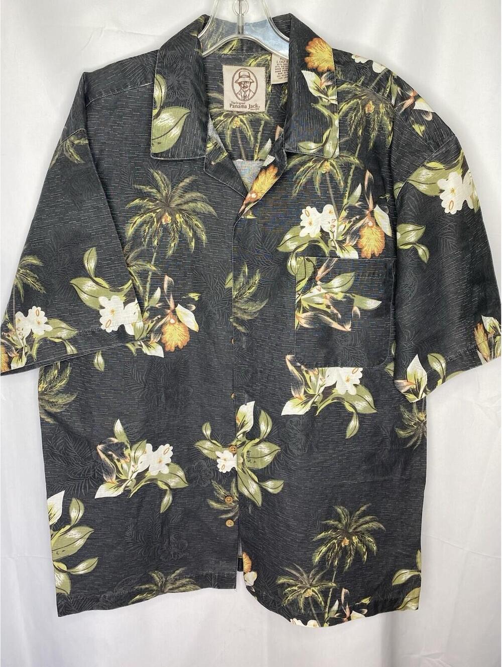 Panama Jack Flowered Caribbean Short Sleeve Shirt Gray Tan Size Large Hawaii